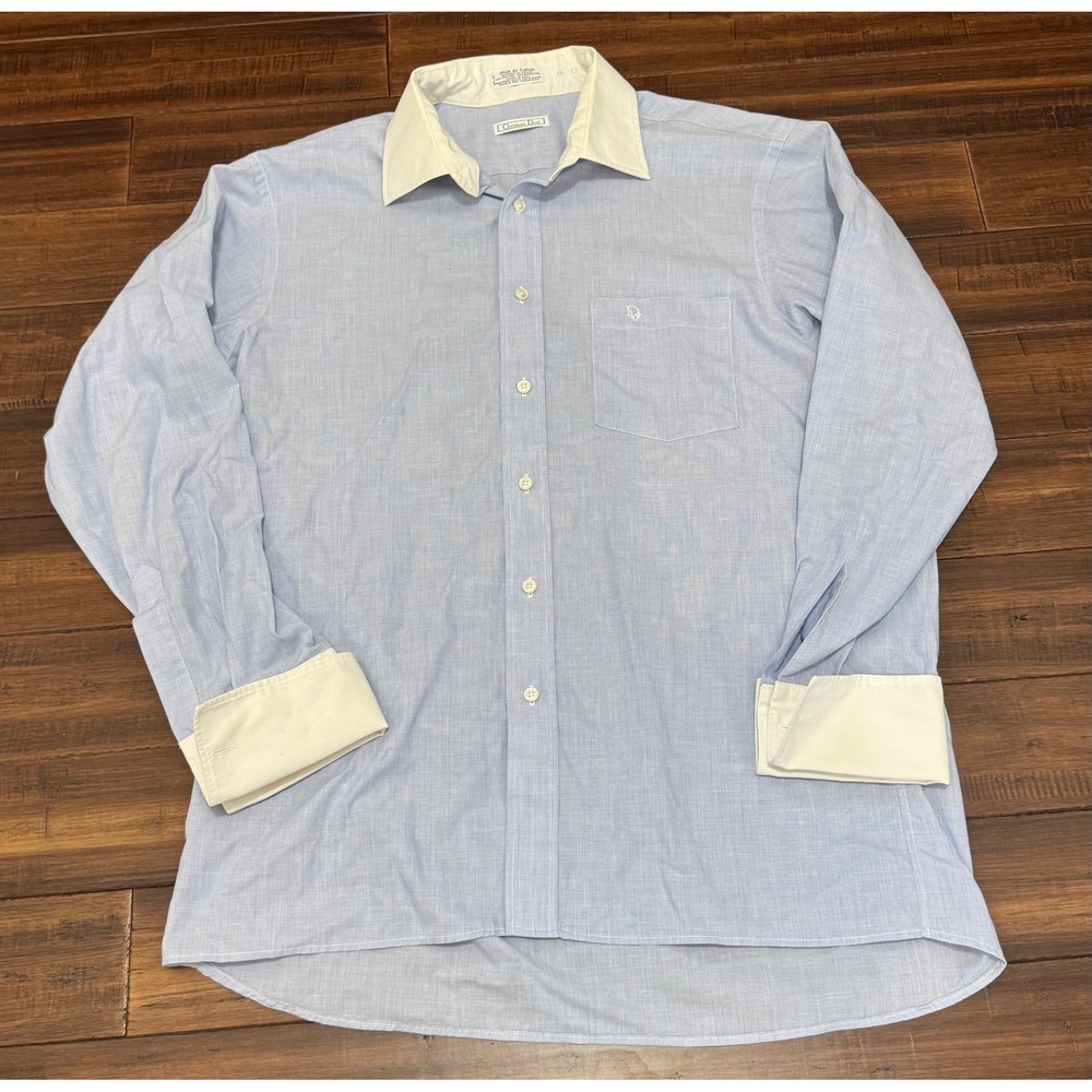 Christian Dior Monsieur Dress Shirt Blue White Contrast Collar French Cuff 16 33